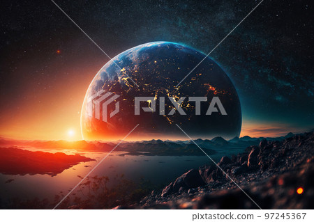 Amazing space planet Mars landscape with mountains and water at sunset with starry sky and big planet earth with lights of night cities. Creative future space concept. 97245367