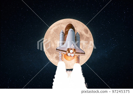 New space rocket shuttle with blast takes off into starry space with full amazing moon. Successful launch and lift on spacecraft to the moon. Start space expedition mission to the moon 97245375