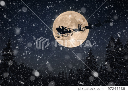 Santa Claus in a sleigh with reindeer flies over the earth in the night starry sky with an amazing big moon with falling snow. Magic and Happy New Year, concept Santa Claus in a sleigh with reindeer flies over the earth in the night starry sky with an amazing big moon with falling snow. Magic and Happy New Year, concept 97245386