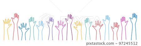 Hands raised up. Group of diverse human arms. Hands raised up. Group of diverse human arms. 97245512