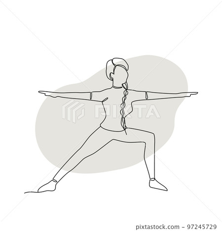 Single line drawing of a girl standing in a yoga pose with abstract shape background 97245729