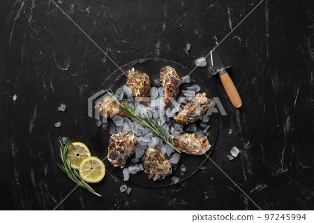 Fresh closed oysters, ice and lemon on a round slate, black stone textured background. Top view with copy space. Close-up shot. 97245994