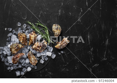 Fresh closed oysters and ice on a round slate, black stone textured background. Top view with copy space. Close-up shot. 97246004