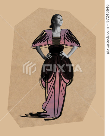 Contemporary art collage. Creative design with drawings. Young woman in designer long dress. Party, night out look Contemporary art collage. Creative design with drawings. Young woman in designer long dress. Party, night out look 97246646