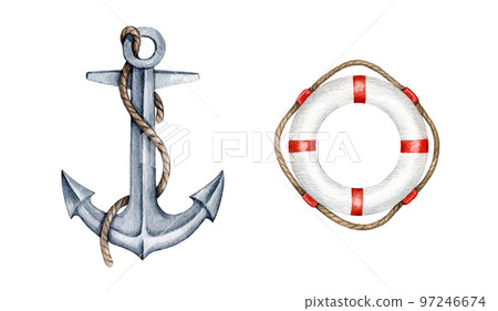 Metal anchor and lifebuoy watercolor illustration. Hand drawn vintage style image. Ship or boat anchor and lifebuoy with a rope nautical element set. White background 97246674