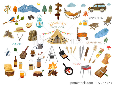 野營戶外手繪水彩插畫套裝 97246765