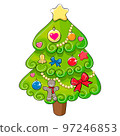 Decorated Christmas tree with star, balls and beaded garland, isolated on white background. New Year and Merry Christmas greeting card, poster, icon. Vector illustration in cartoon style.  97246853
