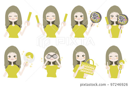 [Otaku illustration/penra, paper fan, binoculars, pain, holding a cloth] Variation set of facial expressions and poses 97246926