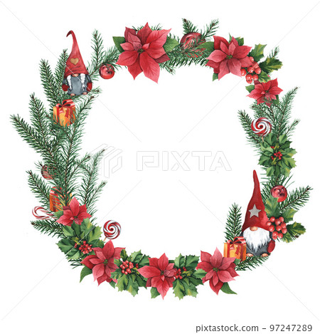 Watercolor bright wreath with leaves,branches,fir-tree,berries,holly,balls, poinsettia and candies. Watercolor bright wreath with leaves,branches,fir-tree,berries,holly,balls, poinsettia and candies. 97247289
