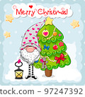 Greeting Christmas card with cute Gnome and Tree on a blue background. Vector illustration 97247392