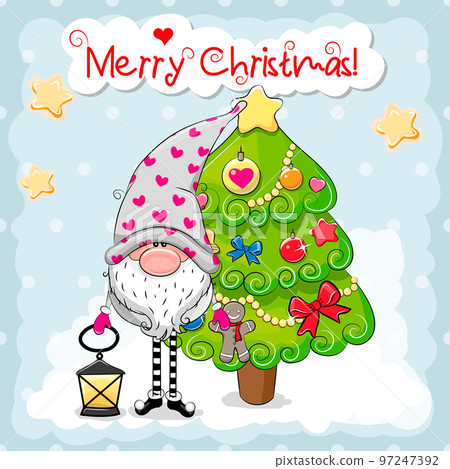 Greeting Christmas card with cute Gnome and Tree on a blue background. Vector illustration Greeting Christmas card with cute Gnome and Tree on a blue background. Vector illustration 97247392