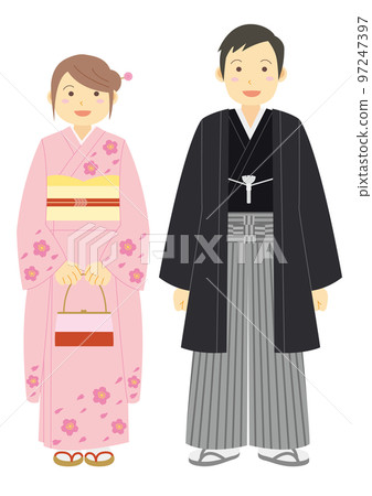 穿著和服的女人和穿著褲裙的男人的插圖 穿著和服的女人和穿著褲裙的男人的插圖 97247397