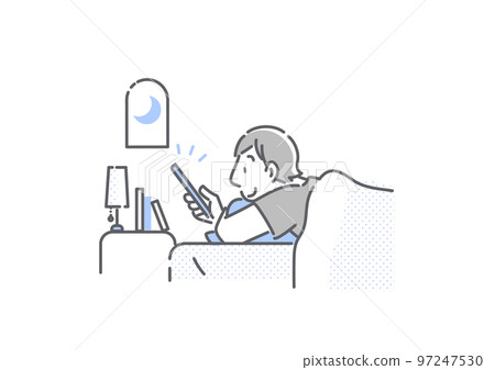 A young man using a smartphone in bed at night Simple and stylish line drawing illustration 97247530