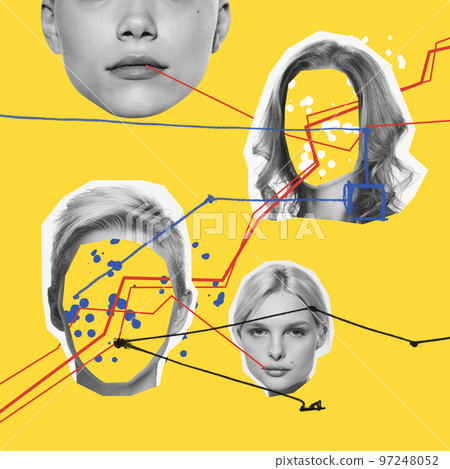 Contemporary art collage. Female heads over yellow background. Femininity connection 97248052