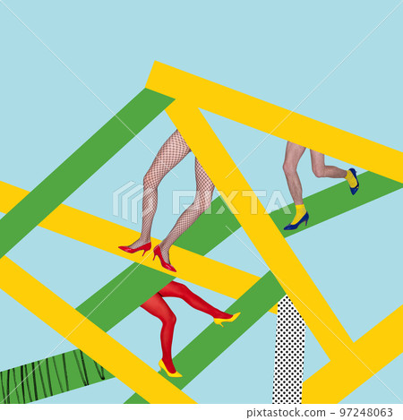 Contemporary art collage. Many human legs on heels over blue background. Lgbt party. Social equality 97248063