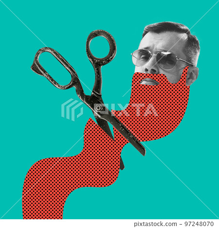 Contemporary art collage. Stylish man in trendy glasses over green background. Illusion scissors cutting beard Contemporary art collage. Stylish man in trendy glasses over green background. Illusion scissors cutting beard 97248070