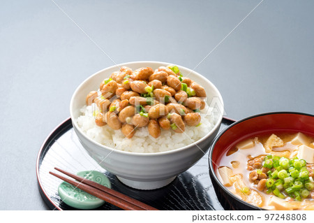Large grains of natto, rice, natto miso soup. 97248808
