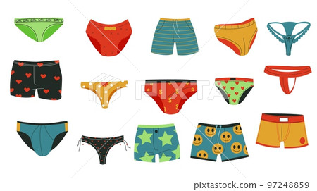 Men and women underpants. Doodle male female kid colorful underwear clothing, cartoon knickers laced bikini lingerie undies garment. Vector flat set 97248859