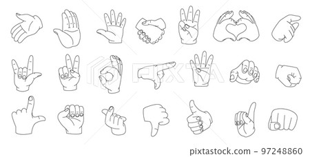 Linear hand gestures. Woman hands different poses minimal linear style, outline simple palm silhouettes with pointing fingers delicate touch. Vector collection Linear hand gestures. Woman hands different poses minimal linear style, outline simple palm silhouettes with pointing fingers delicate touch. Vector collection 97248860