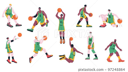 Men basketball players. Set of male characters training throwing ball in basket, sport team in uniform playing game cartoon flat style. Vector collection Men basketball players. Set of male characters training throwing ball in basket, sport team in uniform playing game cartoon flat style. Vector collection 97248864