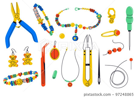 Jewelry making tools. Cartoon handmade accessories with instruments, flat bracelet necklace ring earrings hobby DIY, workshop concept. Vector set Jewelry making tools. Cartoon handmade accessories with instruments, flat bracelet necklace ring earrings hobby DIY, workshop concept. Vector set 97248865
