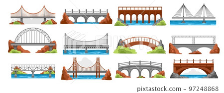 Cartoon bridge architecture. Suspension river crossing bridgework, railway road drawbridge in mountains, urban industrial construction. Vector set 97248868