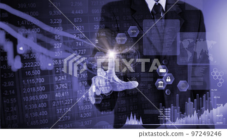 Stock market or forex trading graph and candlestick chart suitable for financial investment concept. Economy trends background for business idea and all art work design. Abstract finance background.. 97249246