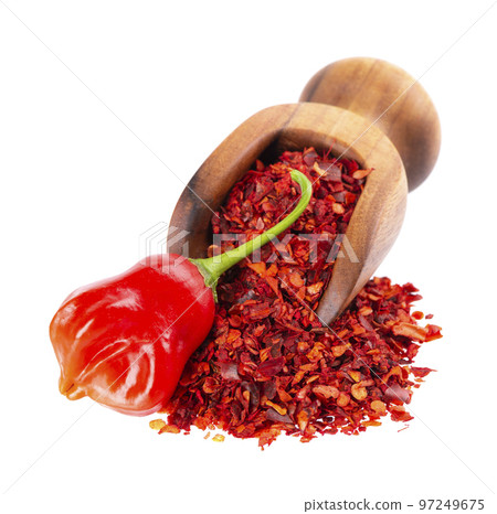 Fresh and dry ground red chili peppers isolated on white background. Capsicum baccatum or Bishop's crown pepper. 97249675