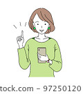 A young woman pointing and operating a smartphone with a smile 97250120