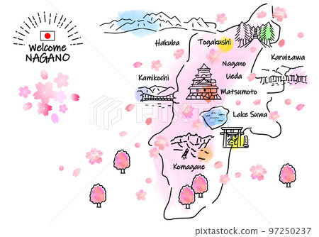 Simple line drawing illustration map of sightseeing spots in Nagano Prefecture in spring (pink) 97250237