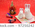 Year of the Rabbit New Year's card material parent and child horizontal red background 97250242