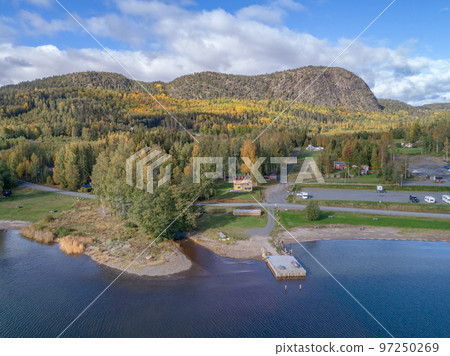 aerial view of mountain and the sea at skuleberget campsite caravan camping in Hoga Kusten Sweden 97250269