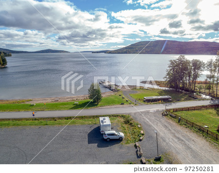 aerial view of mountain and the sea at skuleberget campsite caravan camping in Hoga Kusten Sweden aerial view of mountain and the sea at skuleberget campsite caravan camping in Hoga Kusten Sweden 97250281