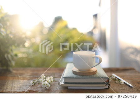 Tea cup and aster flowers on wooden table Tea cup and aster flowers on wooden table 97250419