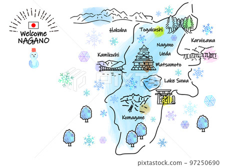 Simple line drawing illustration map of sightseeing spots in Nagano Prefecture in winter 97250690