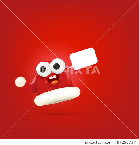 Vector cartoon happy Santa Claus red hat character with eyes and mouth isolated on red Christmas background. Merry Christmas greeting card, poster and banner with funny Santa Claus hat 97250737