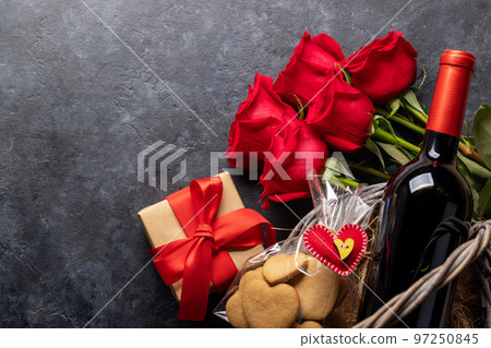 Valentines day card with wine bottle, cookies and rose flowers 97250845