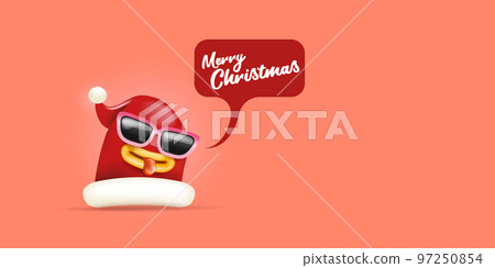 Vector cartoon monster Santa Claus red hat character with sunglasses and speech bubble isolated on peach background. Merry Christmas greeting card, poster and banner with funny Santa Claus hat 97250854