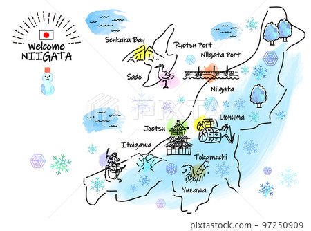 Simple line drawing illustration map of sightseeing spots in Niigata Prefecture in winter Simple line drawing illustration map of sightseeing spots in Niigata Prefecture in winter 97250909
