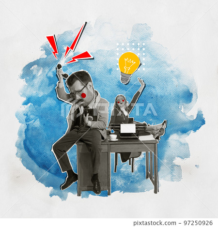 Contemporary art collage. Endless calls. Businessman talking on phone, personal assistant generating ideas Contemporary art collage. Endless calls. Businessman talking on phone, personal assistant generating ideas 97250926