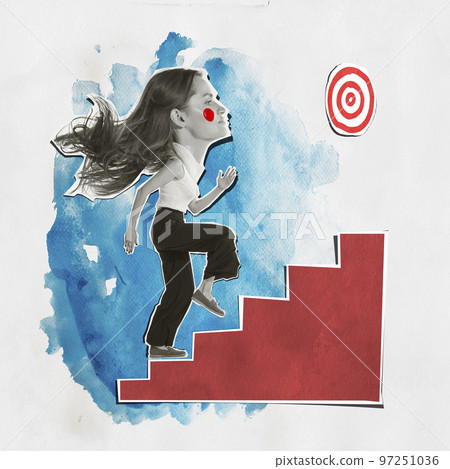 Contemporary art collage. Motivated, ambitious woman, employee running upwards the stairs, reaching success 97251036