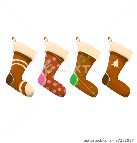 vector cartoon cute brown and ugly christmas socks with color ornament isolated on white background. Merry Christmas vector greeting card, background, banner and poster with socks and stockings 97251037