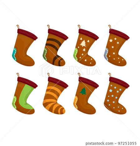 vector cartoon cute brown and ugly christmas socks with color ornament isolated on white background. Merry Christmas vector greeting card, background, banner and poster with socks and stockings 97251055