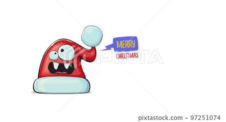 Vector cartoon Santa Claus red hat with smile face isolated on white horizontal bannner background. Merry Christmas greeting banner with funny monster Santa Claus hat. Santa hat 97251074
