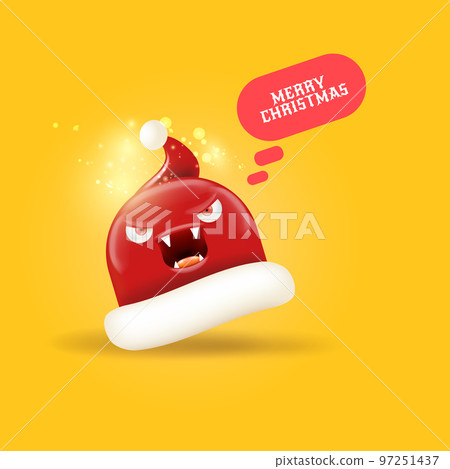 Vector cartoon monster Santa Claus red hat with grinch face isolated on orange Christmas background. Merry Christmas greeting card and banner with funny crazy monster Santa Claus hat. Santa hat 97251437