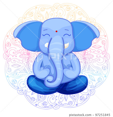 Ganesha god cute character lotus pose, meditation in cartoon style with mandala background. Idol, spiritual statue. 97251845