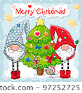Greeting Christmas card with two cute Gnomes and Tree on a blue background. Vector illustration 97252725