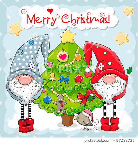 Greeting Christmas card with two cute Gnomes and Tree on a blue background. Vector illustration 97252725