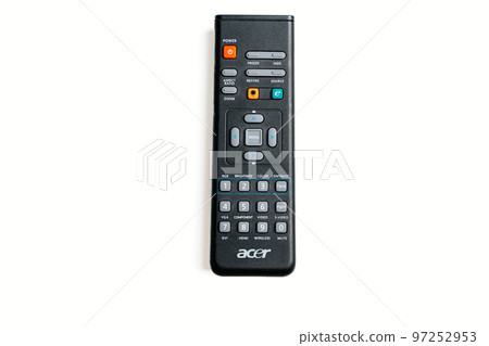 black remote control for home video projector Acer on a white background. black remote control for home video projector Acer on a white background. 97252953