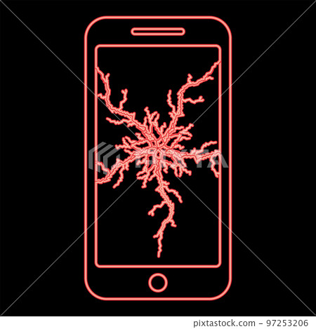 Neon smartphone with crack on display Broken modern mobile phone Shattered smartphone screen Phone with broken matrix of screen Cell phone with cracked touch screen in center Broken glass telephone 97253206